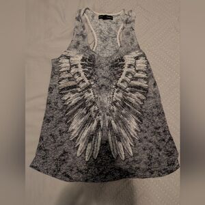 Rock & Republic Women's Racerback Glitter Wings Gray Burnout Y2K Tank Top Size S